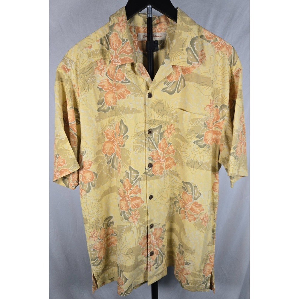 Tommy Bahama Size L 100% Silk Hawaiian Camp Shirt Yellow Floral Tropical Aloha